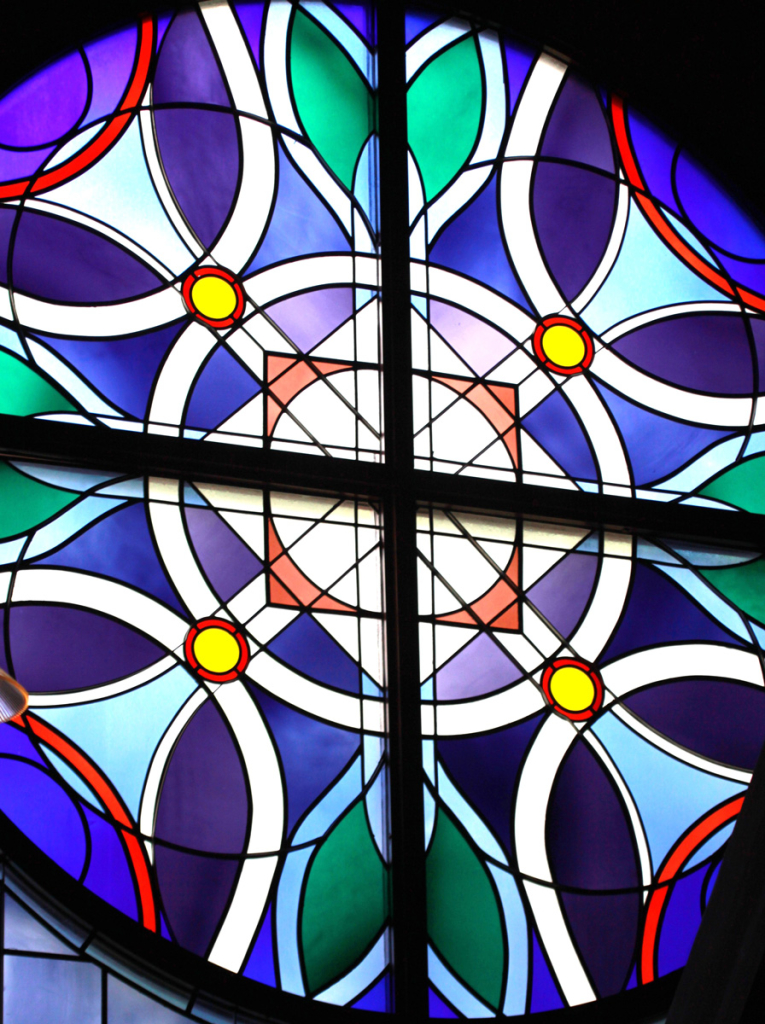 Window film, stained glass pattern, blue, church