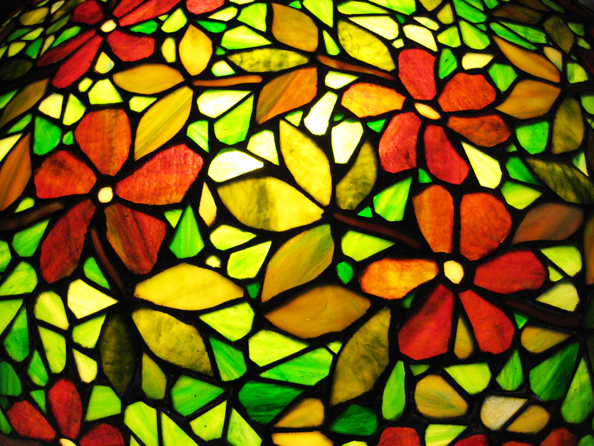 Window film, stained glass, flowers, green, yellow, red