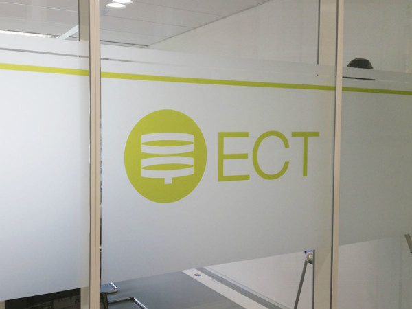 Frosted window film (2) with print, logo, office