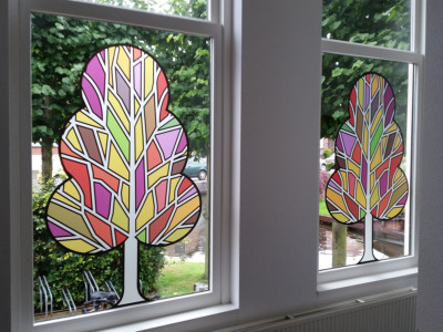 Frosted window film (2) with print, tree, modern, cut-to-shape