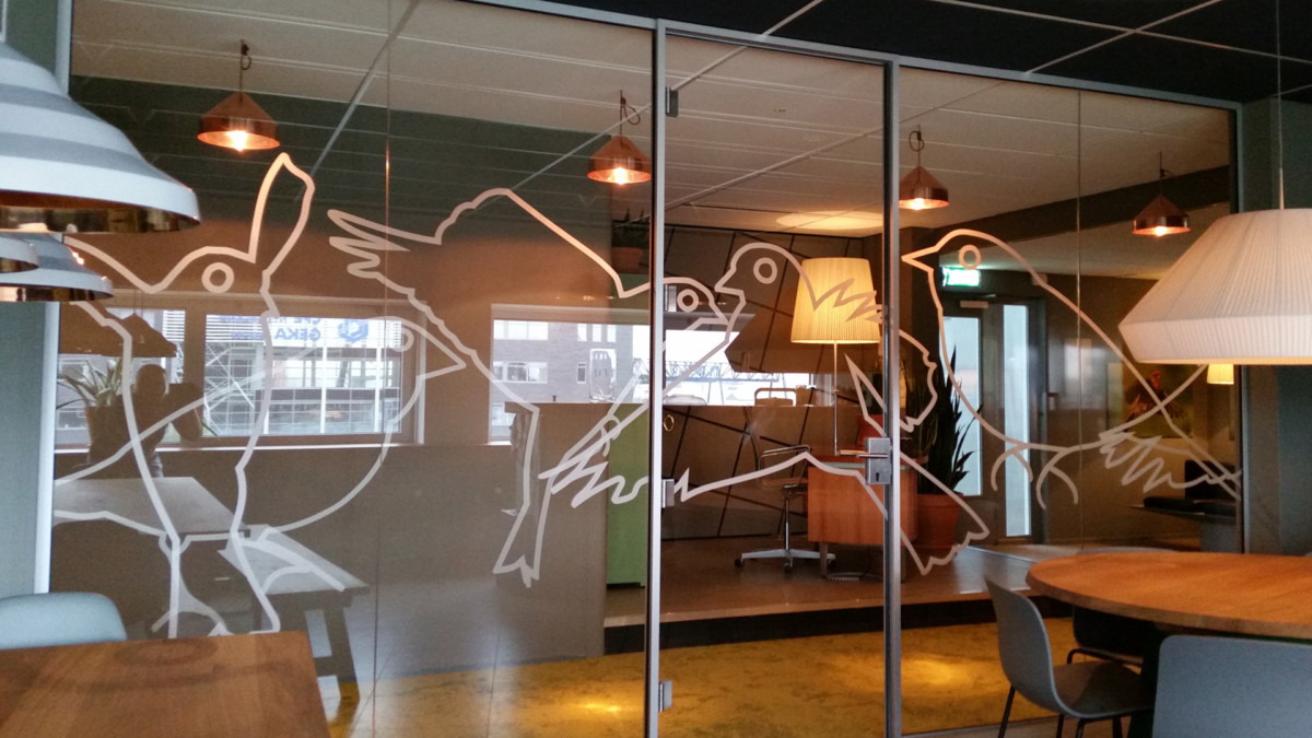 Cut to shape, frosted window film, custom, birds, both sides of the glass
