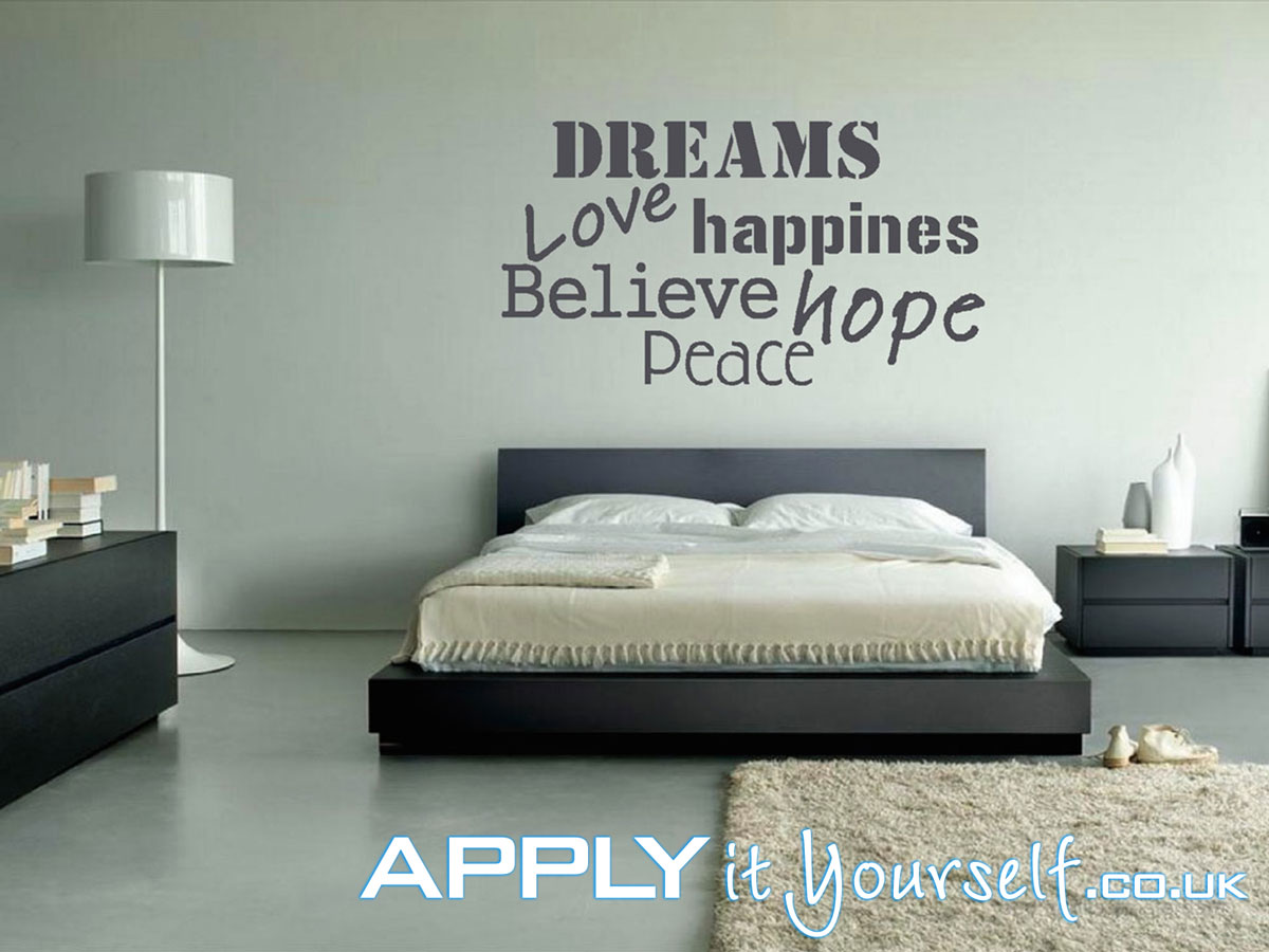 wall, decals, large, dark, grey, quote, bedroom, dreams love happiness believe hope peace