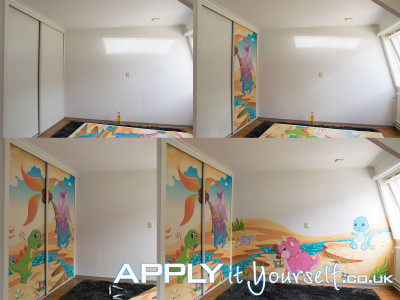 wall mural, installation, large, sticky textile, prints, cut-to-shape