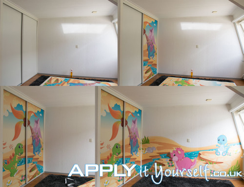 Wall mural, installation, large, sticky textile, prints, cut-to-shape