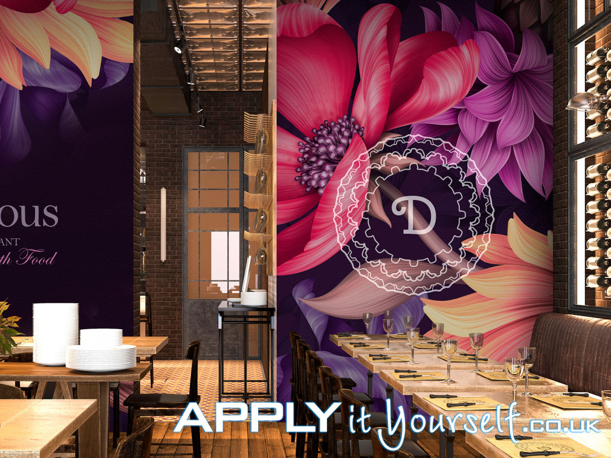 wall mural, sticky, textile, large restaurant, removable, temporary