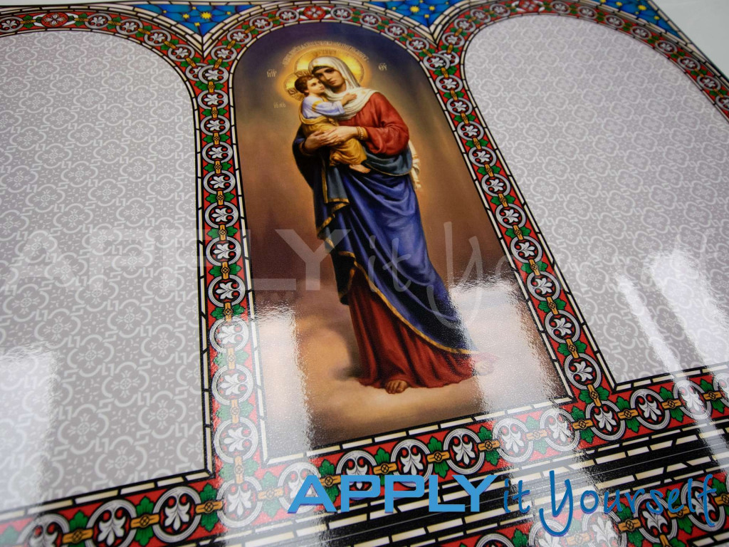 stained glass window film, laminated, transparent window film, religious, maria, jezus