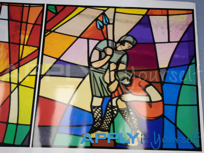 stained glass window film, religious, abstract design, multiple colours