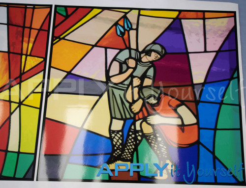 Stained glass window film, religious, abstract design, multiple colours