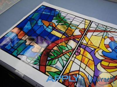 stained glass window film, religious, jezus, abstract design, multiple windows