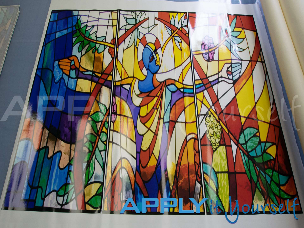 stained glass window film, religious, jezus, abstract design, multiple windows