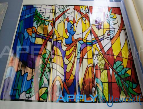 Stained glass window film, religious, jezus, abstract design, multiple windows