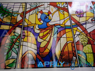 stained glass window film, religious, jezus, abstract design, multiple windows, multiple colours