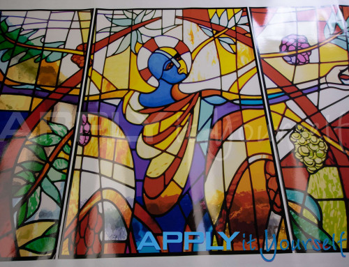 Stained glass window film, religious, jezus, abstract design, multiple windows, multiple colours