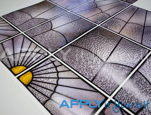 Stained glass window film, sun, outward, radiating, yellow, transparent