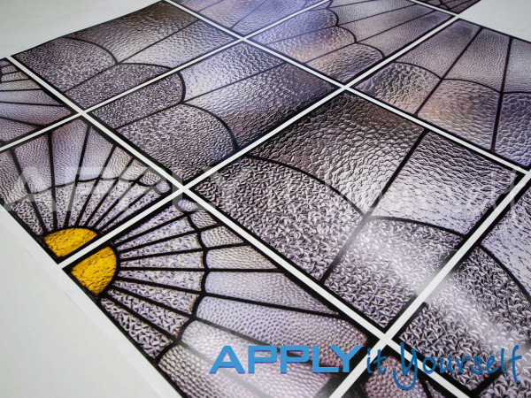 stained glass window film, sun, outward, radiating, yellow, transparent