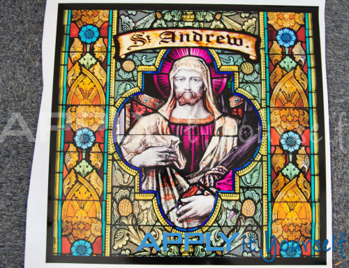 Stained glass window film, transparent window film, religious, st. andrew