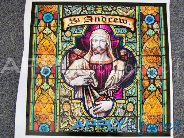 stained glass window film, transparent window film, religious, st. andrew