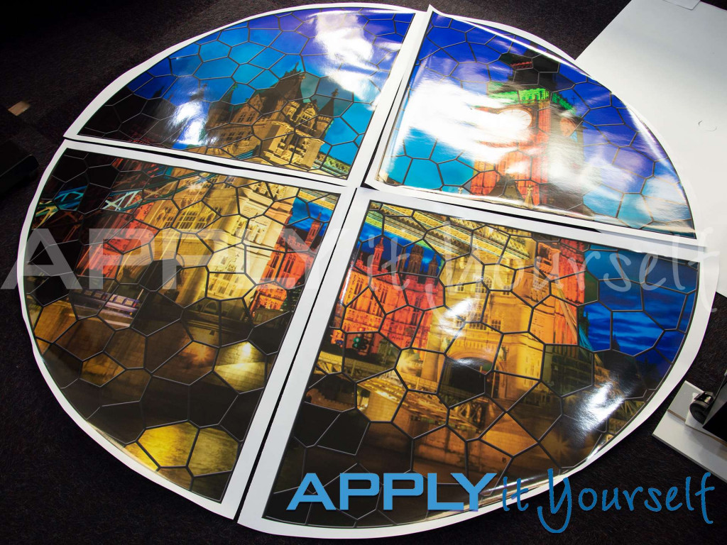 stained glass window film, transparent window film, round design, across multiple windows, photo