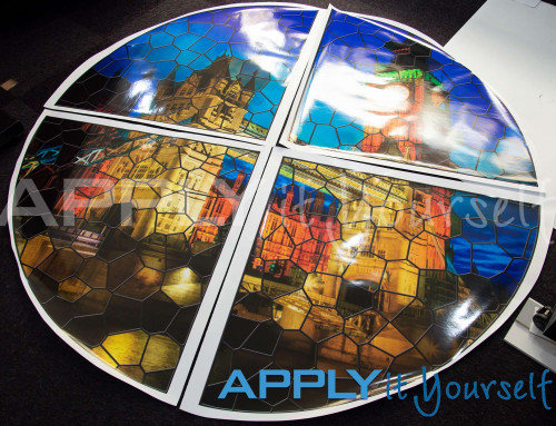 Stained glass window film, transparent window film, round design, across multiple windows, photo