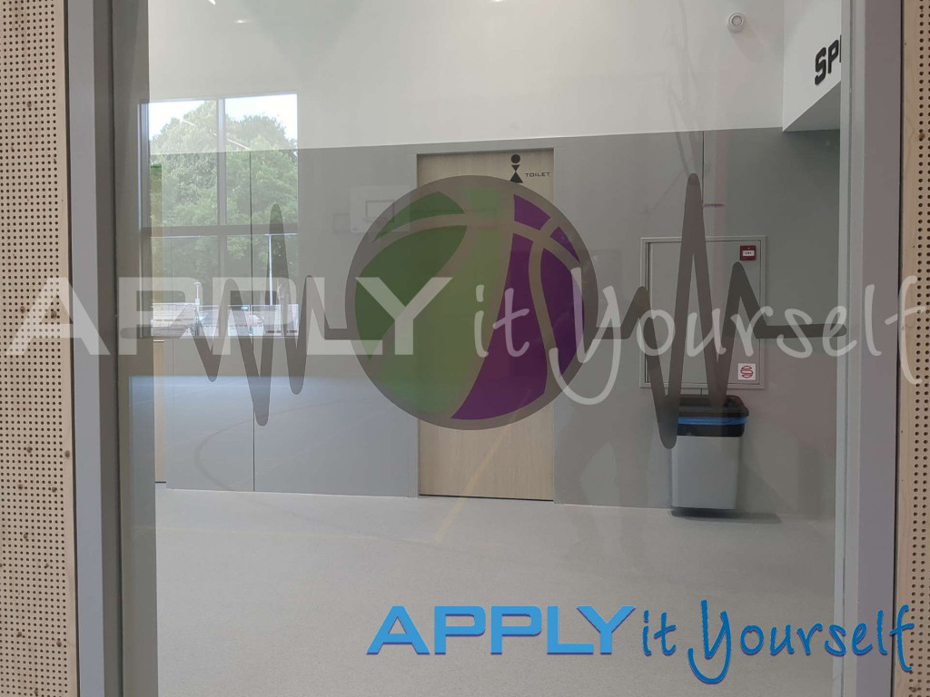 transparent window film, custom cut-to-shape design, school, logo, gymnasion