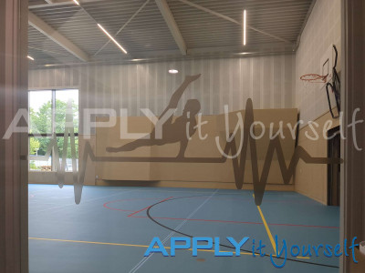 transparent window film, custom cut-to-shape design, school, gymnasion