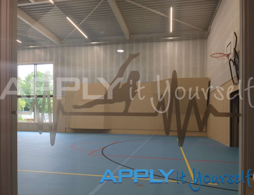 Transparent window film, custom cut-to-shape design, school, gymnasium