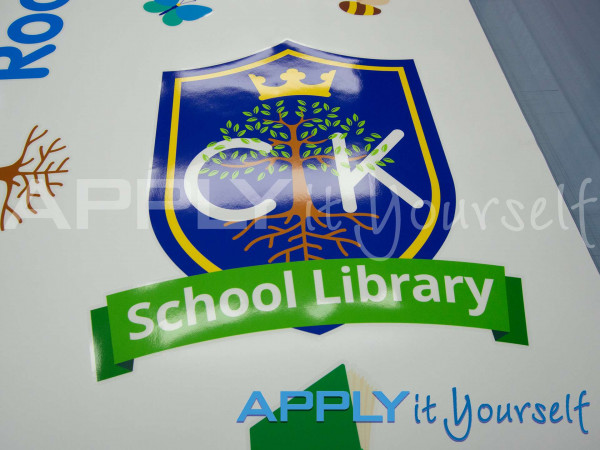 transparent window film, custom cut-to-shape design, logo, school, library