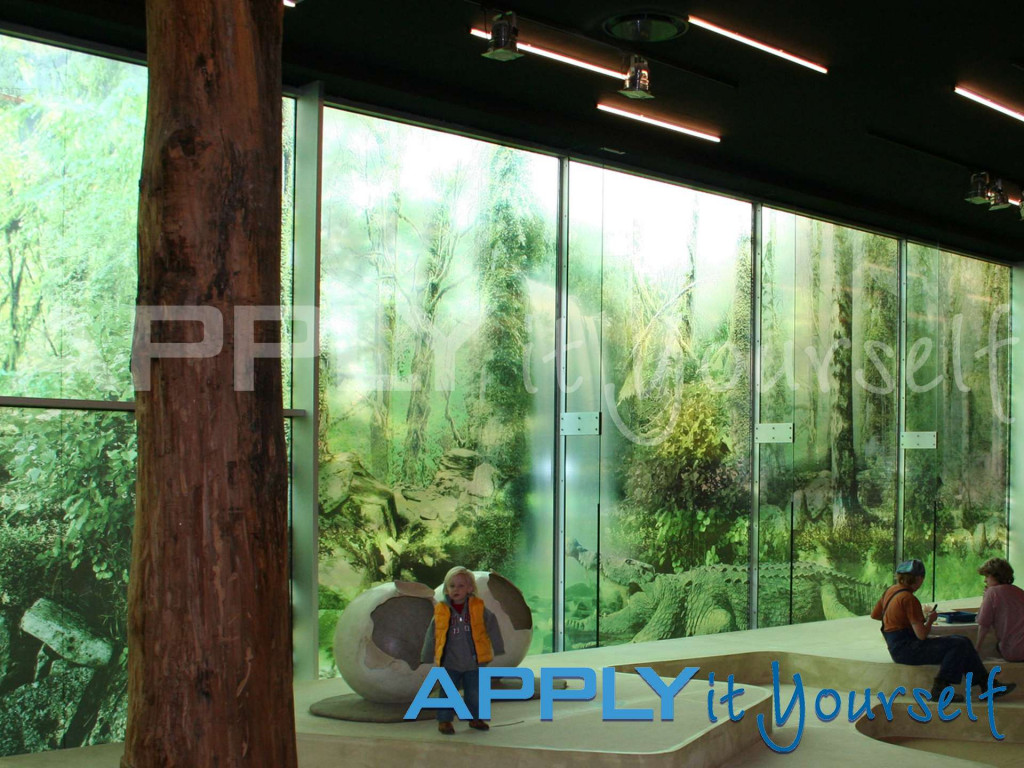 transparent window film, green, forest design, glass wall, multiple glass panels, bespoke design, photo