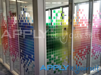 transparent window film, office, glass wall, multiple glass panels, cut-to-shape, bespoke design, corporate branding elements, squares, multiple colours