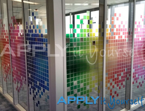 Transparent window film, office, glass wall, multiple glass panels, cut-to-shape, bespoke design, corporate branding elements, squares, multiple colours