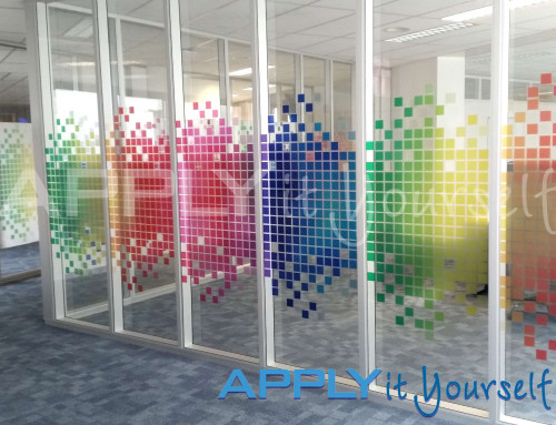 Transparent window film, office, glass wall, cut-to-shape, bespoke design, corporate branding elements, squares