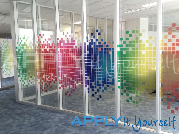 transparent window film, office, glass wall, cut-to-shape, bespoke design, corporate branding elements, squares