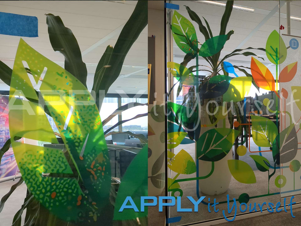 transparent window film, office, cut-to-shape, bespoke design, close-up