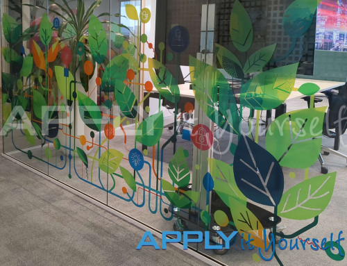 Transparent window film, office, cut-to-shape, bespoke design, trees, leaves, colourful, company design