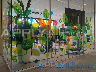 transparent window film, office, cut-to-shape, trees, leaves, colourful