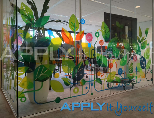 Transparent window film, office, cut-to-shape, trees, leaves, colourful