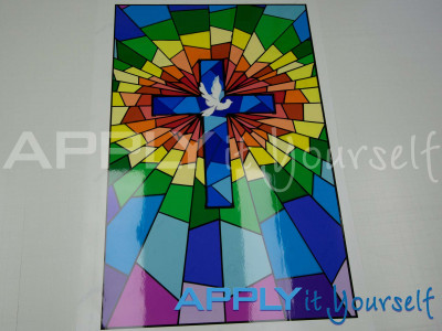 transparent window film, bespoke stained glass window film design, modern, abstract, religious, cross, dove