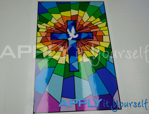 Transparent window film, bespoke stained glass window film design, modern, abstract, religious, cross, dove