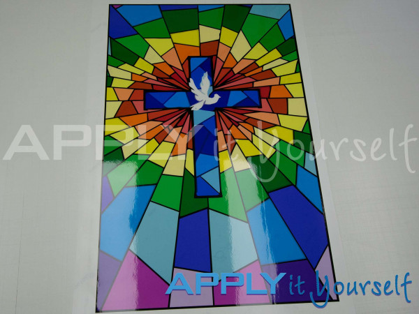 transparent window film, bespoke stained glass window film design, modern, abstract, religious, cross, dove