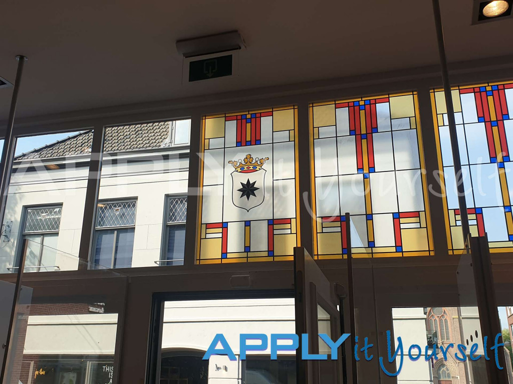 transparent window film, bespoke stained glass window film design, store, storefront