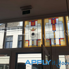 transparent window film, bespoke stained glass window film design, store, storefront
