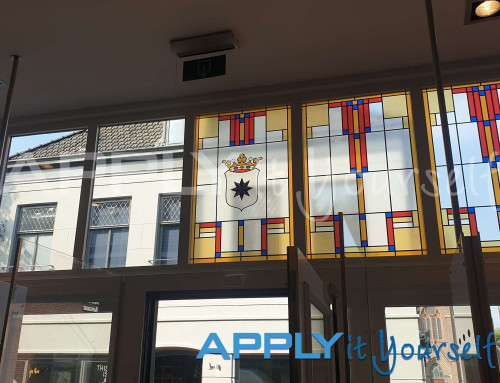 Transparent window film, bespoke stained glass window film design, store, storefront