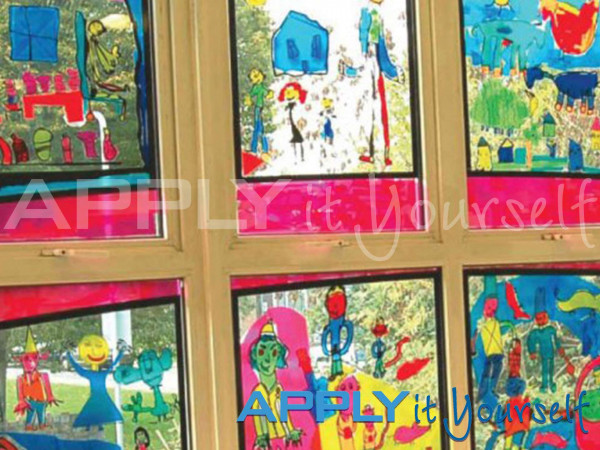 transparent window film, custom design, kids drawings, children's drawings, multiple windows