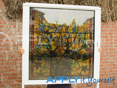 transparent window film, bespoke stained glass window film design, classic, yellow, plants, leeves, green, red, tree