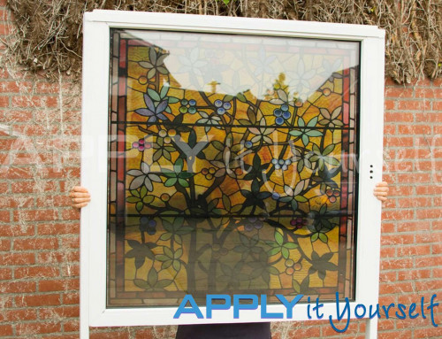 Transparent window film, bespoke stained glass window film design, classic, yellow, plants, leaves, green, red, tree