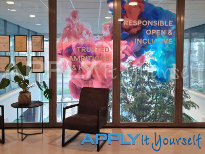 transparent window film, window decals, white, texts, custom window film design for the office, design across multiple windows, multiple windows, corporate branding