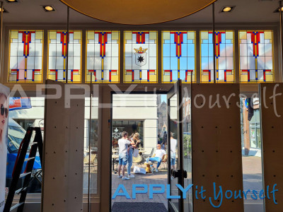 transparent window film, custom stained glass window film design, store, storefront