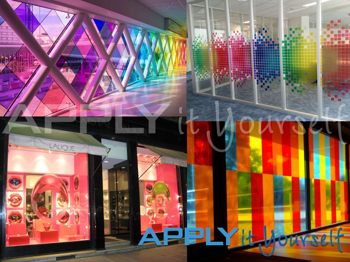 transparent window film, large designs, across multiple windows, design across multiple windows, different designs