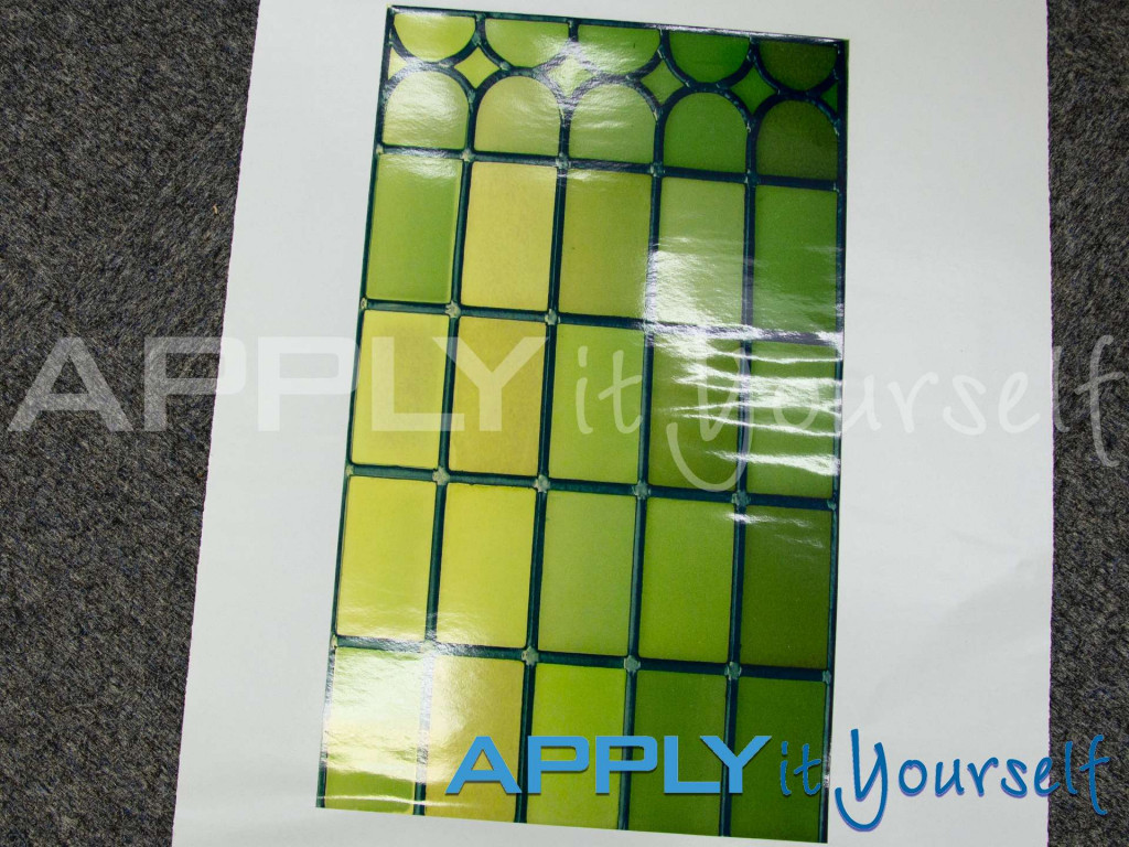 transparent window film, custom stained glass window film design, green, yellow