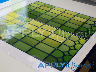 transparent window film, custom stained glass window film design, green, yellow, multiple windows